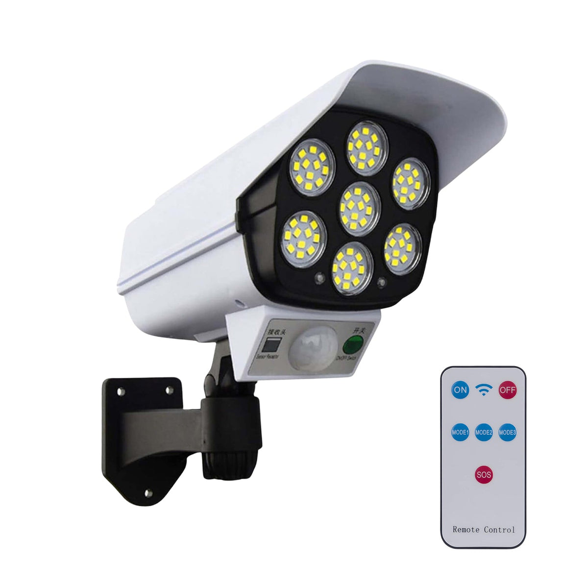 Motion-activated solar security camera light illuminating a dark outdoor area.