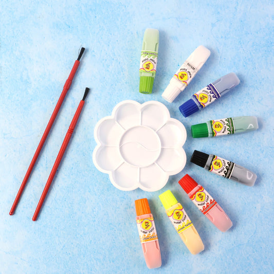 Watercolor paint set showcasing 8 vibrant colors with brushes and palette