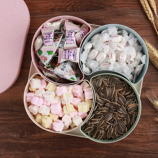 An open Divided Snack Box showcasing various organized snacks and dry fruits, ready for serving.