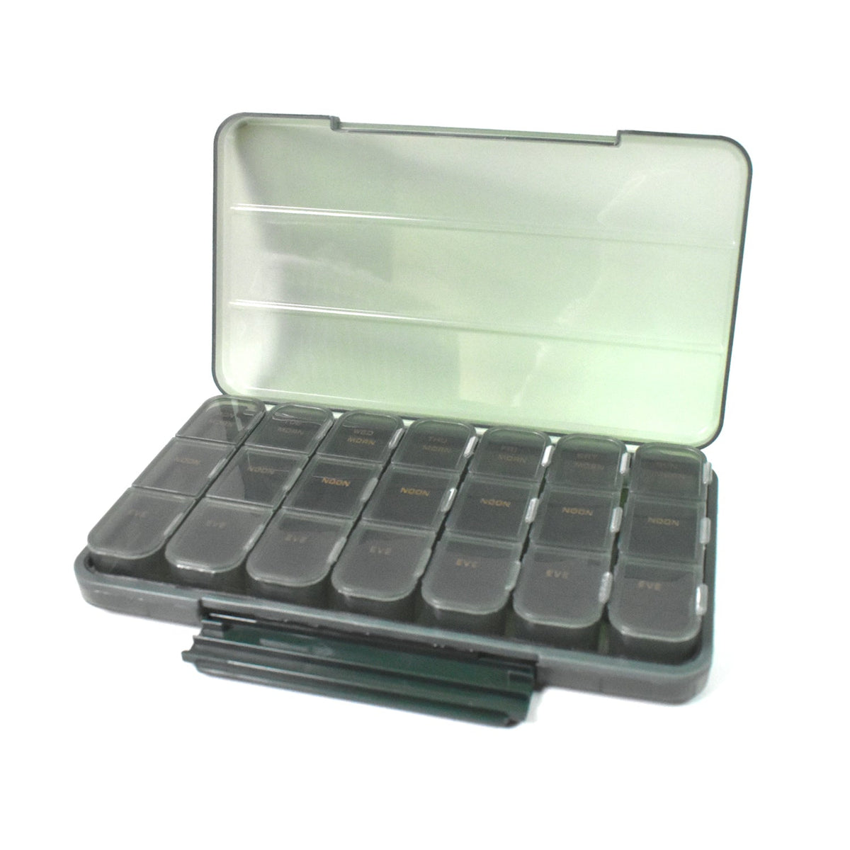 Empty 21-grid pill organiser on a clean surface, ready for medication loading.