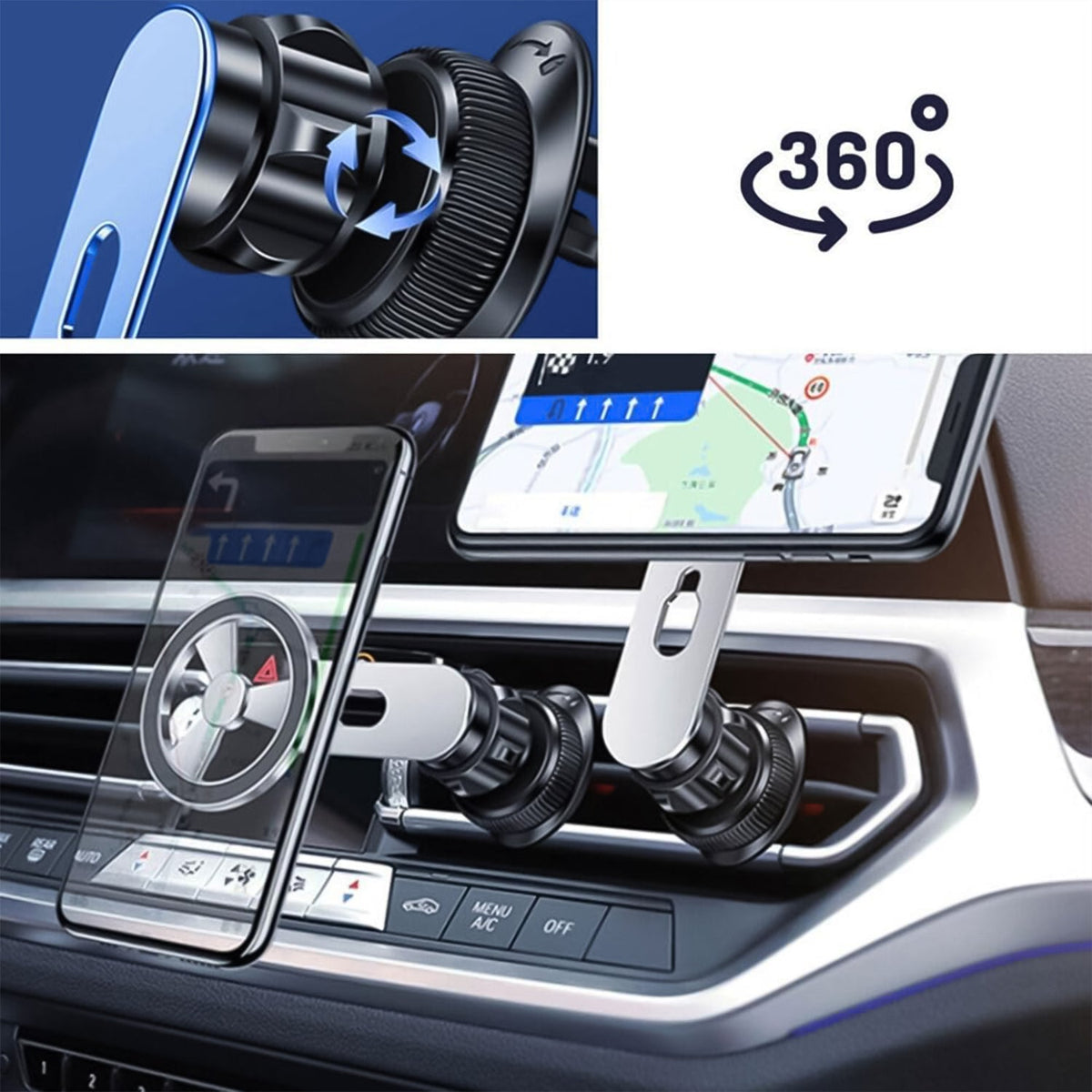 Side view of the magnetic car phone mount, demonstrating its sturdy grip on a vent.