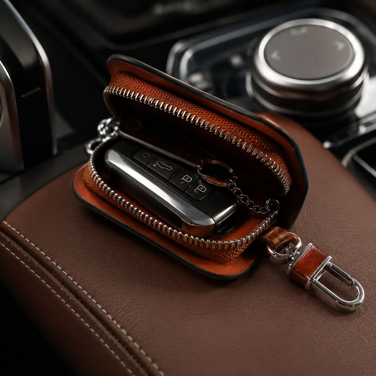 Smart remote holder zip clip with leather finish