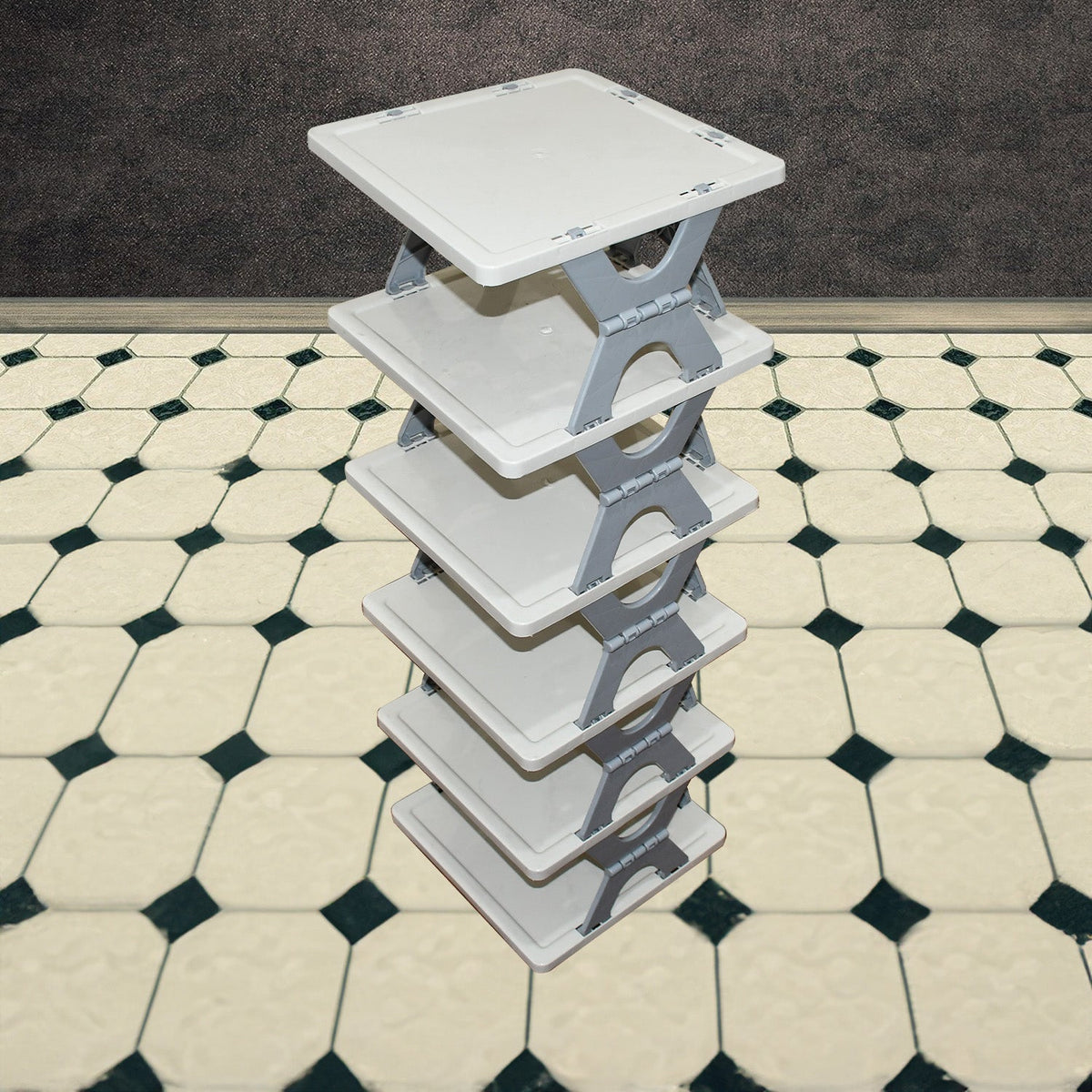 Side view showcasing the sturdy ABS construction of the 6-layer shoe rack.
