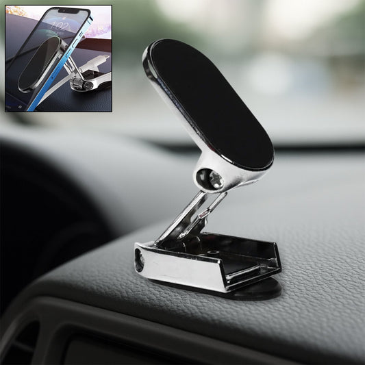 A 360° rotating magnetic car phone holder made of metal, shown on a car dashboard.